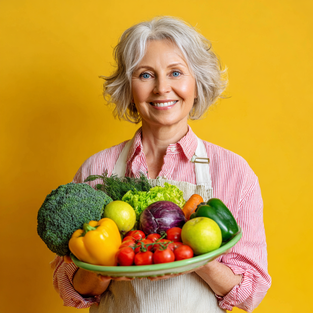 Smiling Ukrainian senior man preparing a fiber-rich salad with various fresh vegetables and grains in a modern kitchen