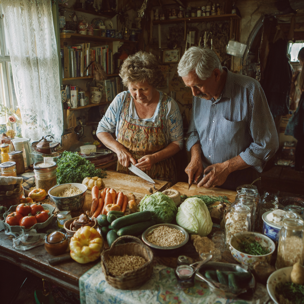 Happy Ukrainian family of different ages enjoying a healthy meal together at a dining table with fresh vegetables and wholesome food